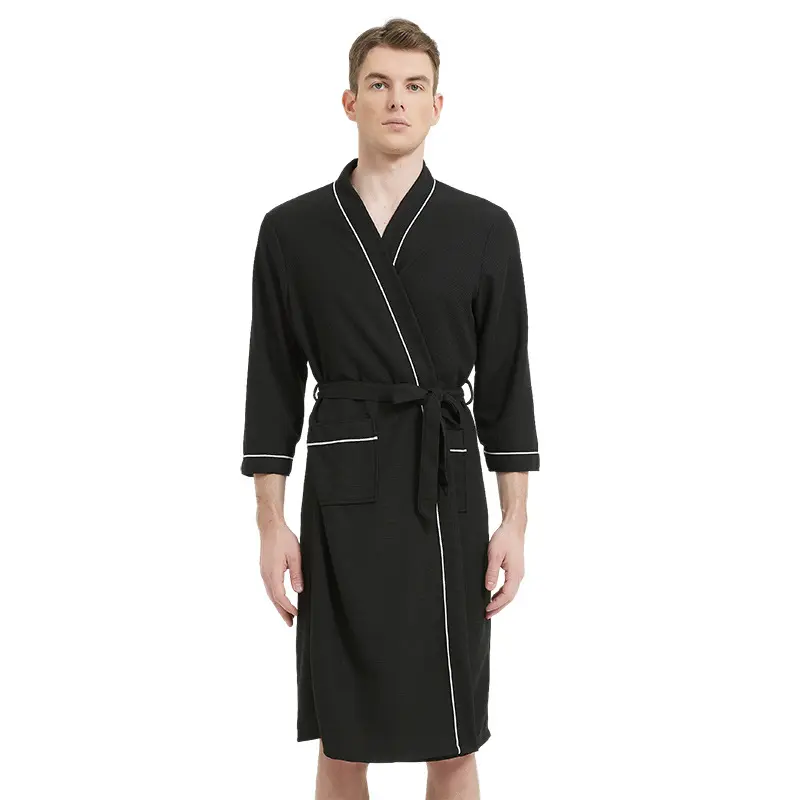2025 Spring and Autumn New Pajamas Three-Quarter Sleeve Waffle Bathrobe Men's Plus Size Loungewear Sleepwear 3