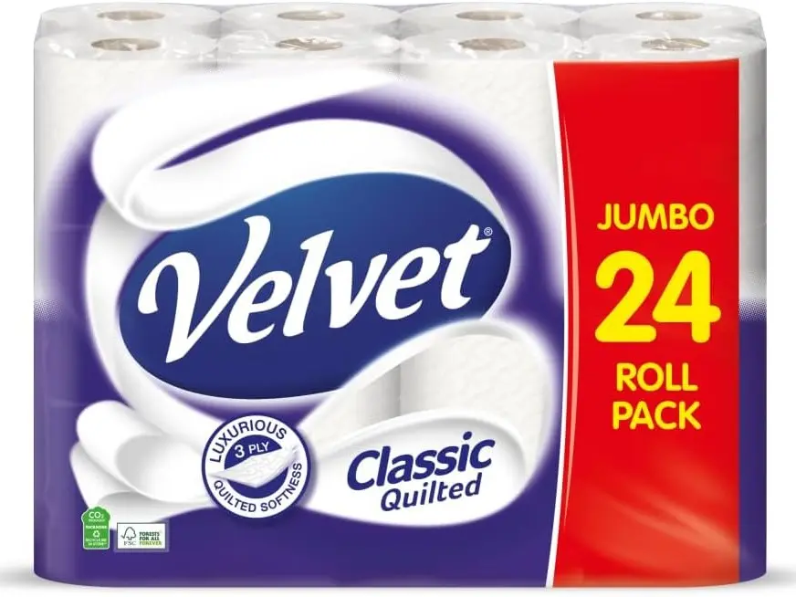 Classic Quilted Toilet Tissue 24 Rolls - Luxuriously Soft, Strong and Absorbent Toilet Roll - Jumbo Bulk Pack 24 Rolls - 3-ply - White