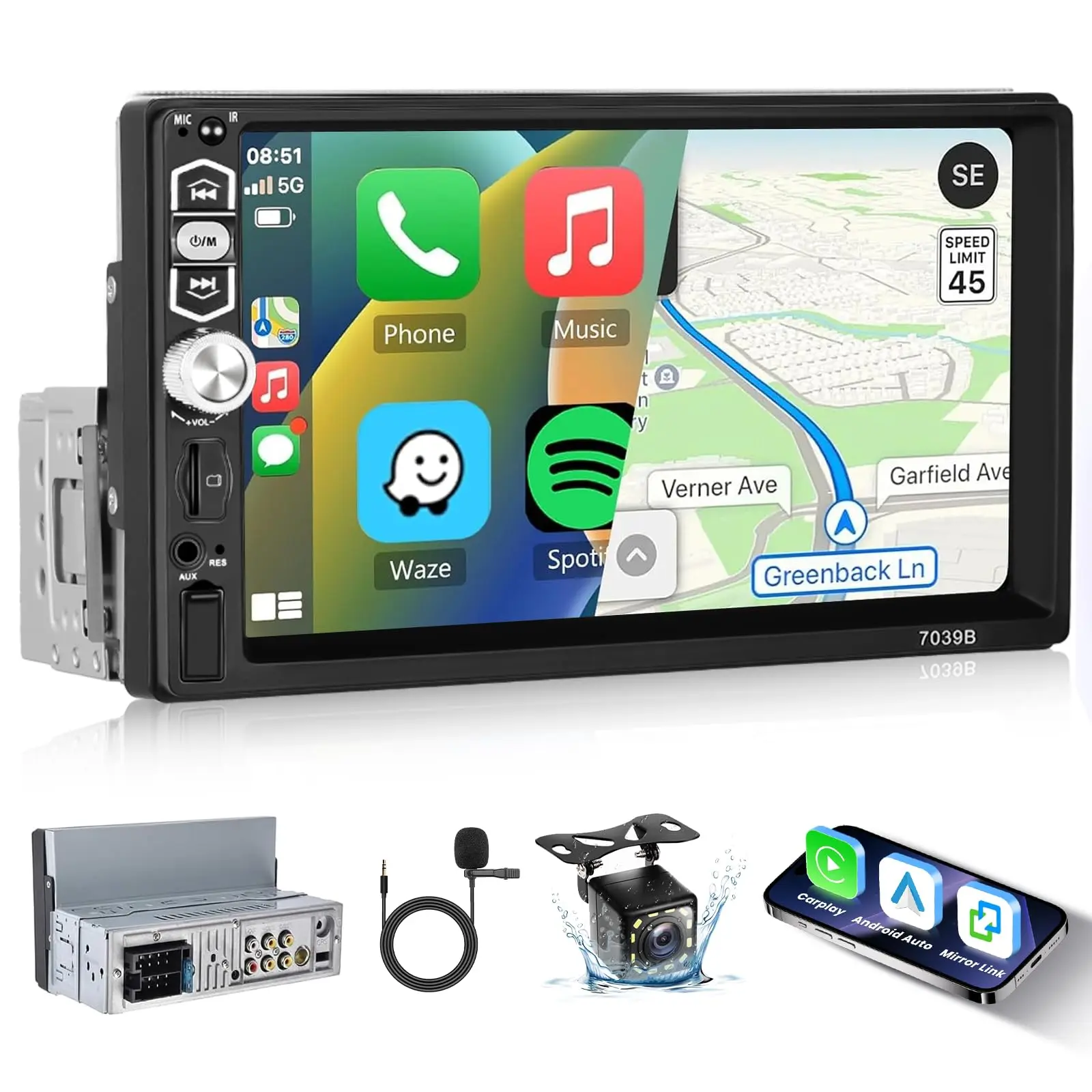 Single Din Car Stereo 7 Inch Touchscreen with Carplay Android Auto Bluetooth 5.1 Car Radio 1 Din Support Mirror Link FM USB TF AUX SWC Camera MP5 Player Car Audio Receiver