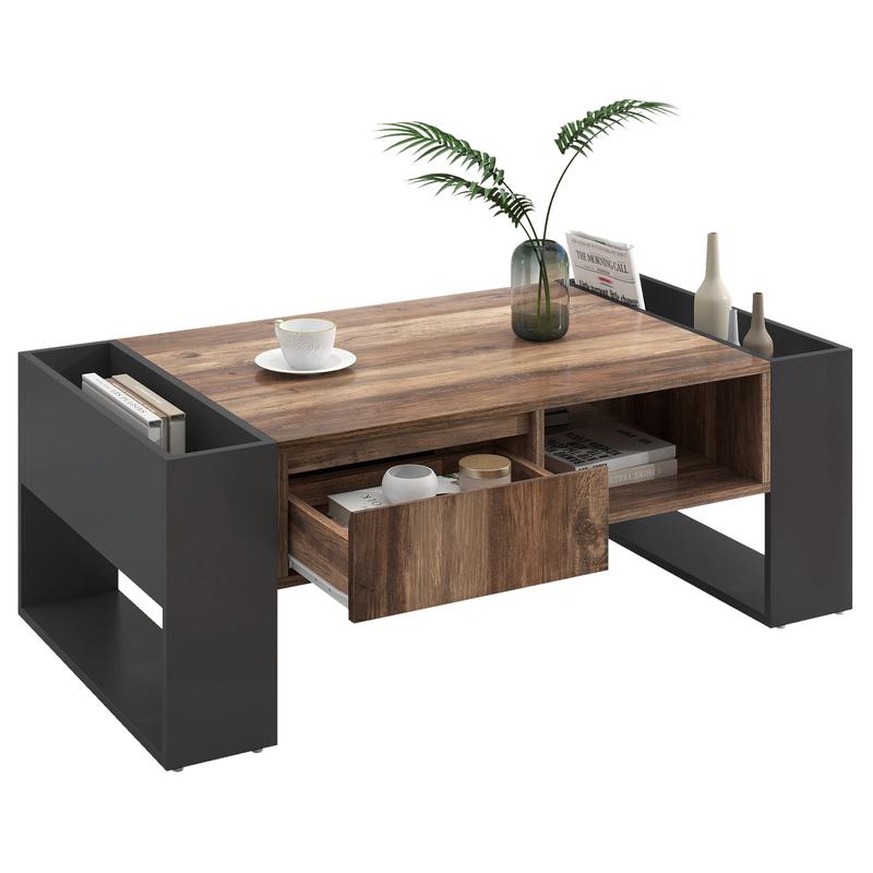 BTM Wood grain coffee table, with a handleless drawer, a storage compartment and rear storage compartment, double-sided storage. With storage compartments on both sides.Office, living room sofa table 4