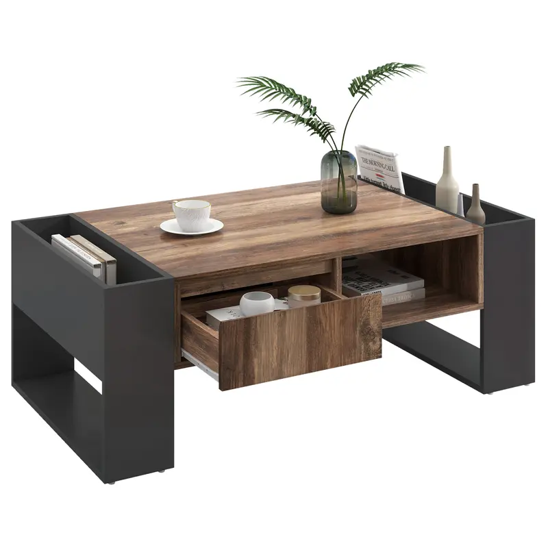 BTM Wood grain coffee table, with a handleless drawer, a storage compartment and rear storage compartment, double-sided storage. With storage compartments on both sides.Office, living room sofa table 4