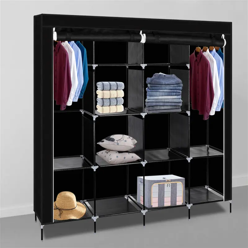 Hot Selling Item High-Capacity  12 Shelves Portable Wardrobe Clothes Storage Rack 4 Side Pockets Black 2