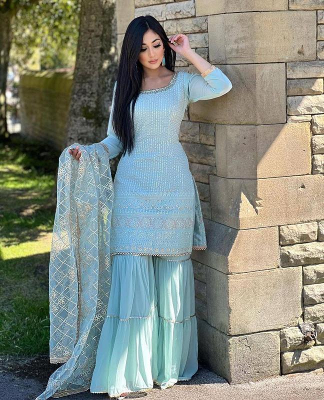 Traditional and Elegant Designer Faux Georgette Fabric Heavy Dress Plazzo with Dupatta For Women Elegance Garment 5
