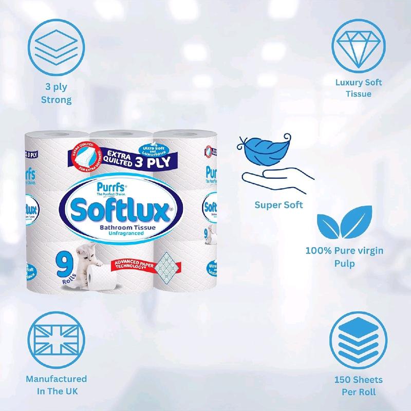 Softlux Purrfs 3ply Bathroom Luxury Quilted Toilet Rolls - 45 Rolls (5*9pk) Non Scented Tissue - Pack, Wipe 2