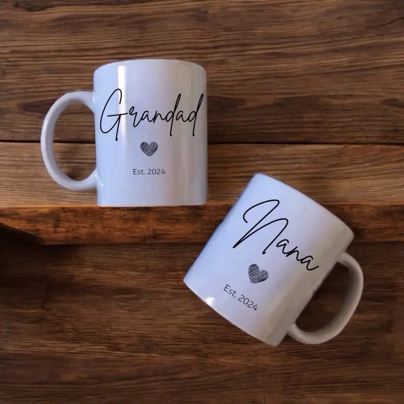 Premium Ceramic Nana and Grandad Mug Set - Personalized and Stylish Gift for New Grandparents - Printed, Coffee Drinkware Drink Washable Cup Reuse Reusable 3