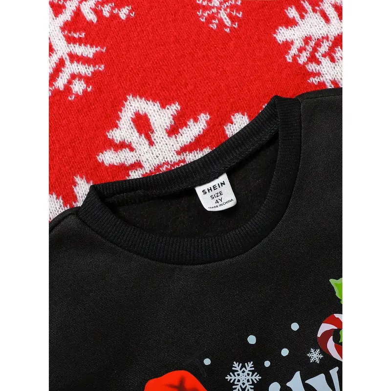 1pc Black Young Girl Thick Fleece Crew Neck Long Sleeve Sweatshirt With Snowman & Santa Hat Christmas Pattern, Suitable For Daily Wear, Parent-Child Activities And Christmas Party In Autumn & Winter 4
