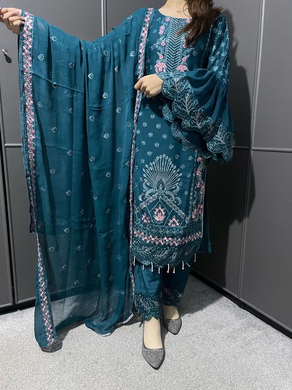 TEAL 3Pc Embroidered Chiffon Collection With Embroidered Chiffon Dupatta 3