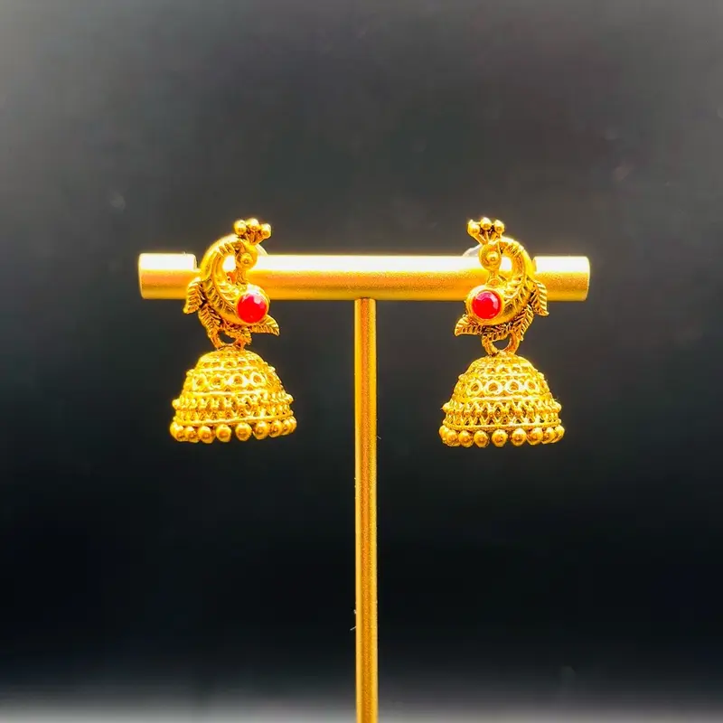 Traditional Gold-Plated Imitation Jhumka Earrings with Ruby Stone (Small) 0