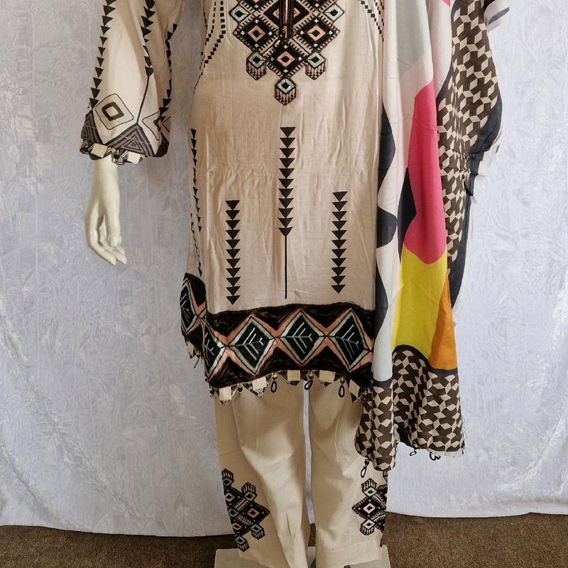 Gorgeous 3 Piece Summer Lawn Suit with Embroidery Work and Embellishments with Chiffon Dupatta by Soni Dresses  Traditional Womenswear Pakistani Desi Fashion 3