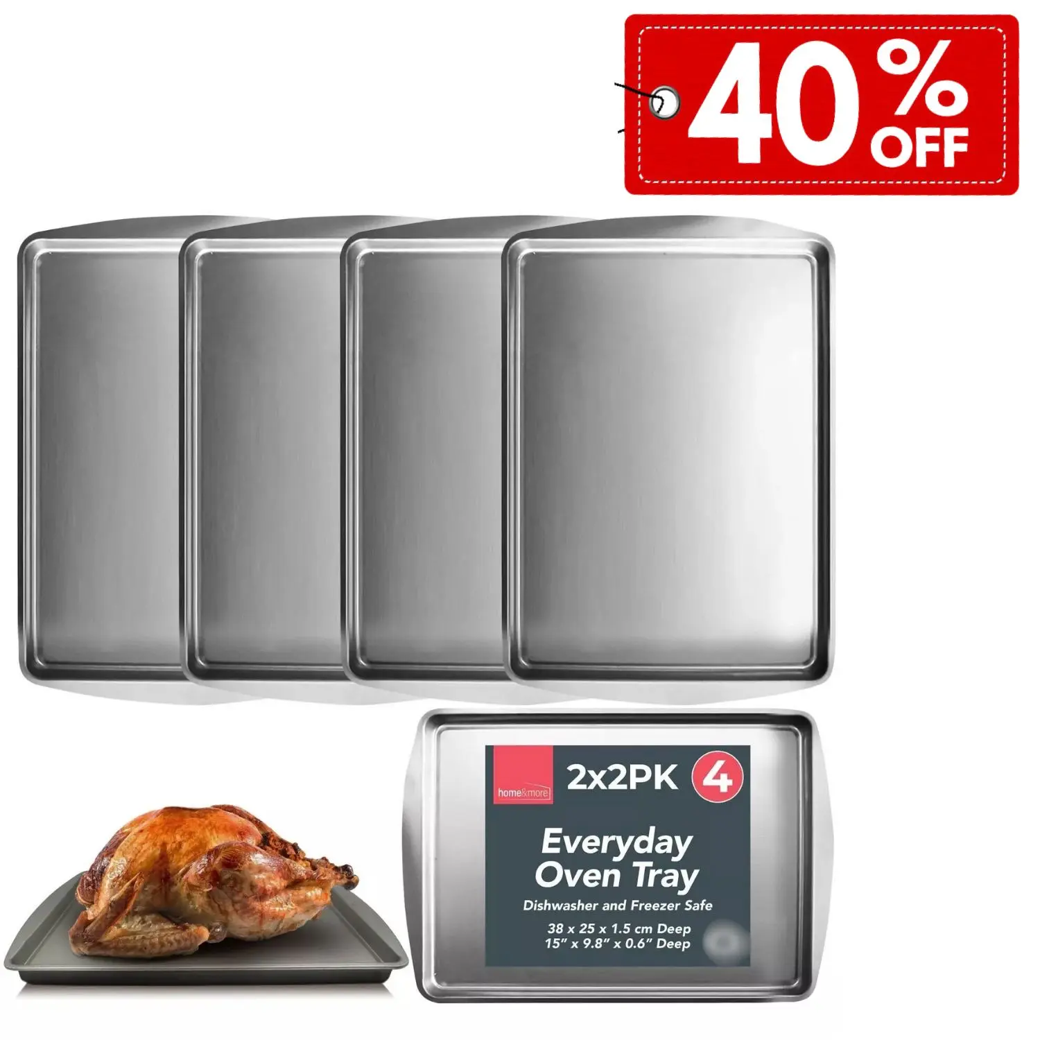 4 Oven Tray Set 38 x 25cm Large Roasting Pan Baking Bakeware Kitchen Steel Sheet