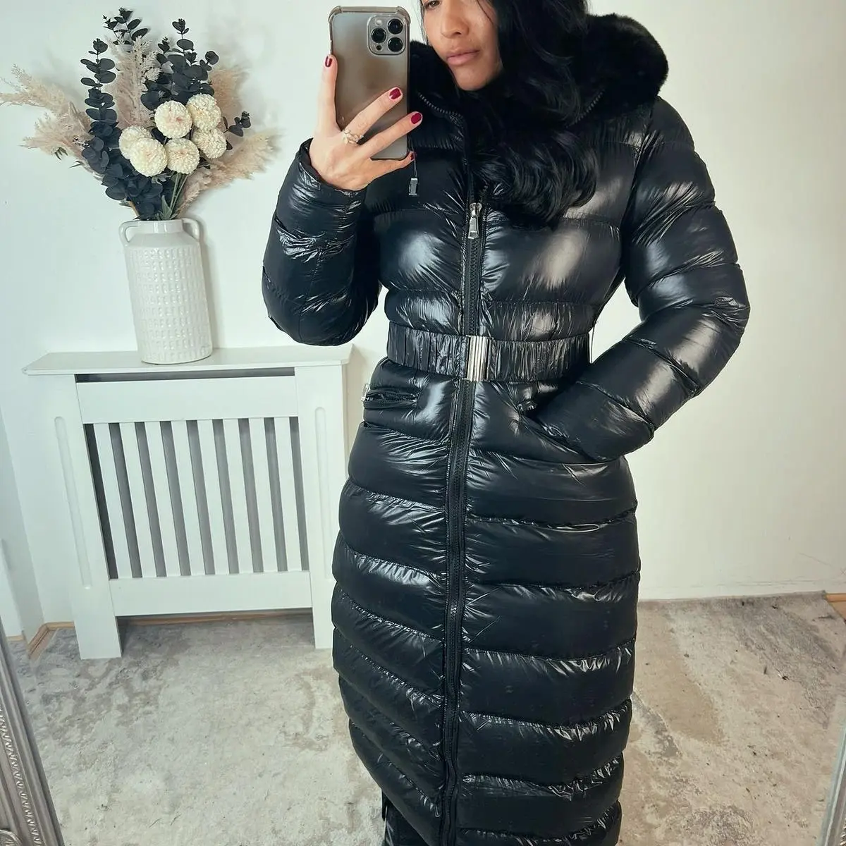 Roxy- PU Long Down Shiny Belted Coat With Faux Fur Hood