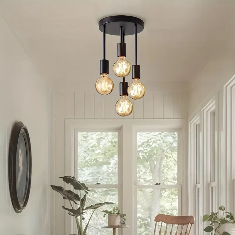 1Pc black 4-lamp ceiling light pendant, modern artificial satellite design, E27 bulb base, bedroom, kitchen, living room, corridor lighting (without bulbs) 7