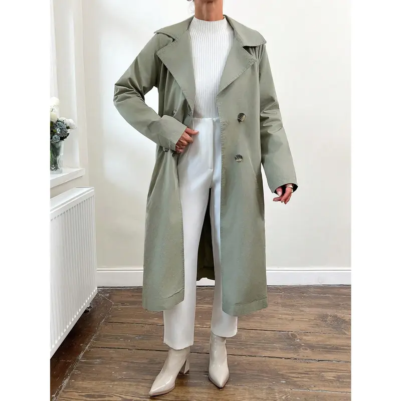 ​ Women's TopsLapel Neck Double Breasted Belted Trench Coat[S30] Womenswear Jackets Tops Outerwear Comfort Fitted Basic Green Long Sleeve Minimalist coat women springspring coats cozy coats womens coats tops for women plain simple jackets & coats princess 0