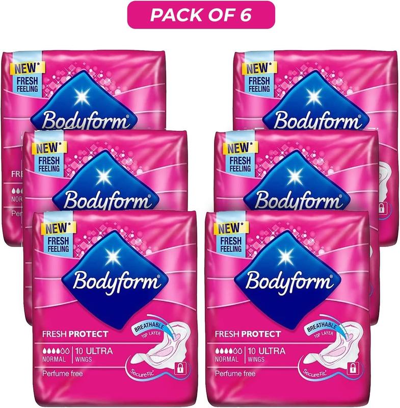 Body Form 10 Ultra Sanitary Towels with Wings Pack of 6, 60 (10 x6 Packs) Perfume Free Period Pads, Normal Flow Cour-V Ultra with Caliko Period Tracker 1