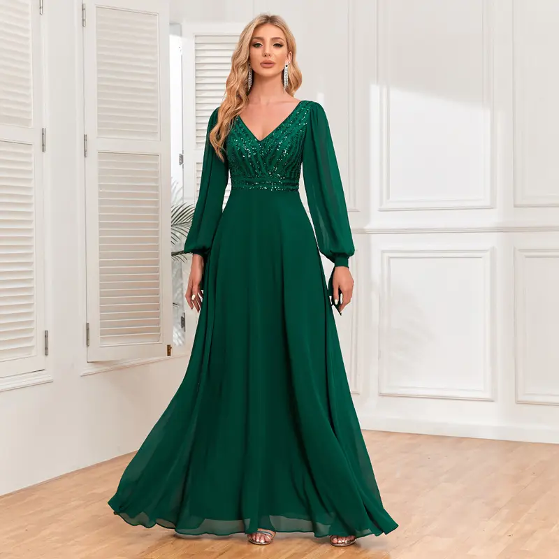 New long-sleeved lace-up high-quality double V-neck bead splicing chiffon A-shaped large pendulum fully lined party evening dress 3