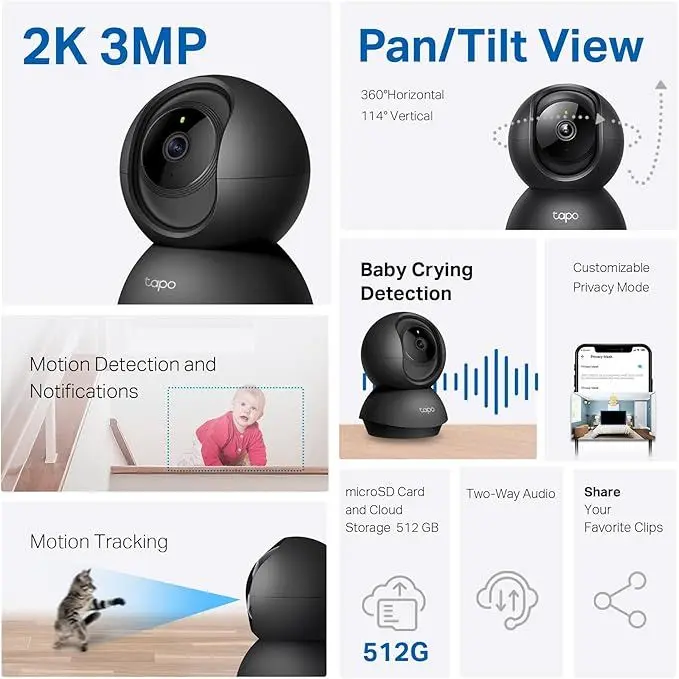 Tapo Indoor Camera for Security, Wifi Camera, 2K 3MP, 360° Baby and Pet Monitor, CCTV, AI, Smart Motion Detection & Tracking, Night Vision, Works with Alexa & Google Home, Elegance Black (Tapo C211) 1