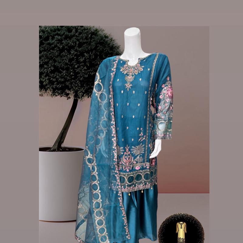 Beautiful Party Wear Chiffon Fabric Embroidered 3pc Suit With Soft Net Dupatta & Plain Silk Gharara Womenswear 2