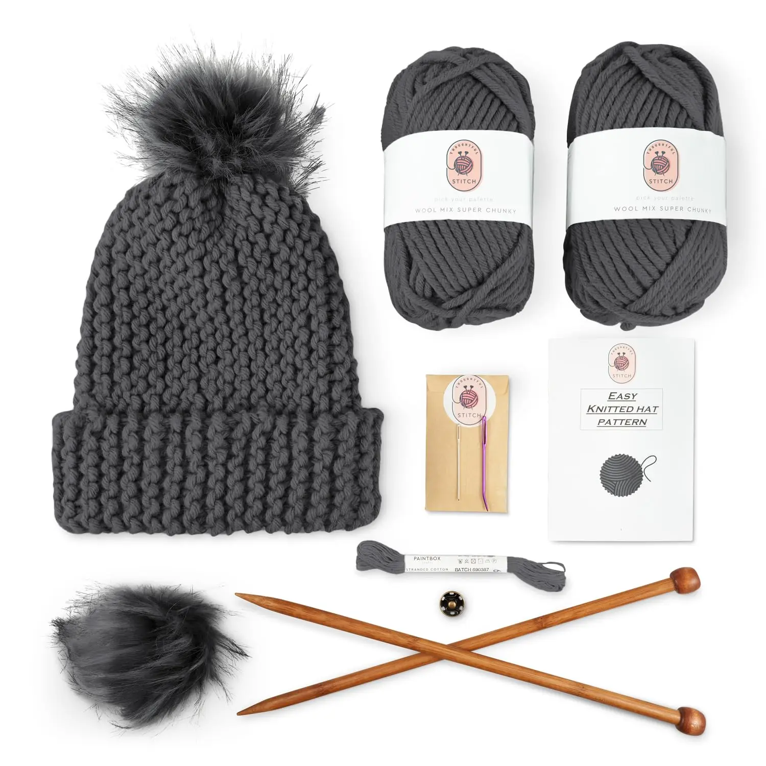 Knitting Kits For Beginners Adults – Practical & Easy to Use Hat Knitting Kit With Yarn, Bamboo Knitting Needles, Faux Pom Pom – Complete Beginners Knitting Kit – Lovely Present For Women and Men