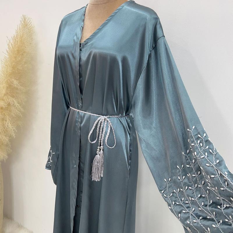 Product Introduction of HS1024 1pcs Satin Cardigan Handmade Beaded Dress Abaya 23