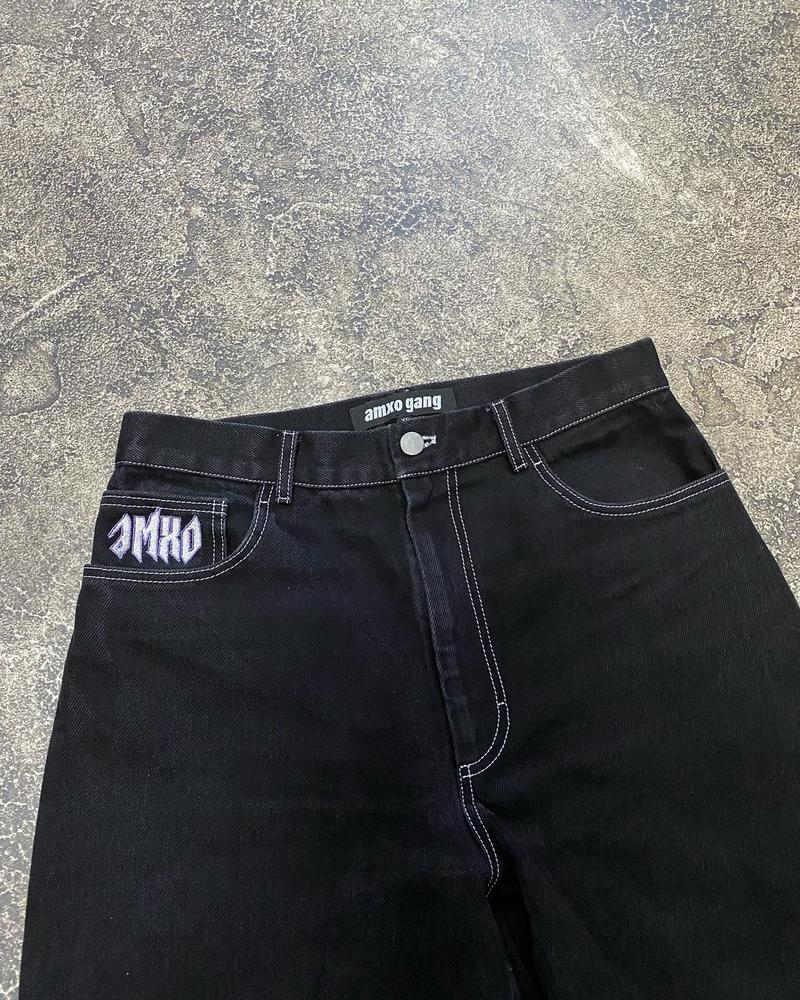 Product Introduction of Street aesthetic black retro straight baggy pants y2k Harajuku hip hop pocket print washed high waist unisex denim trousers 9