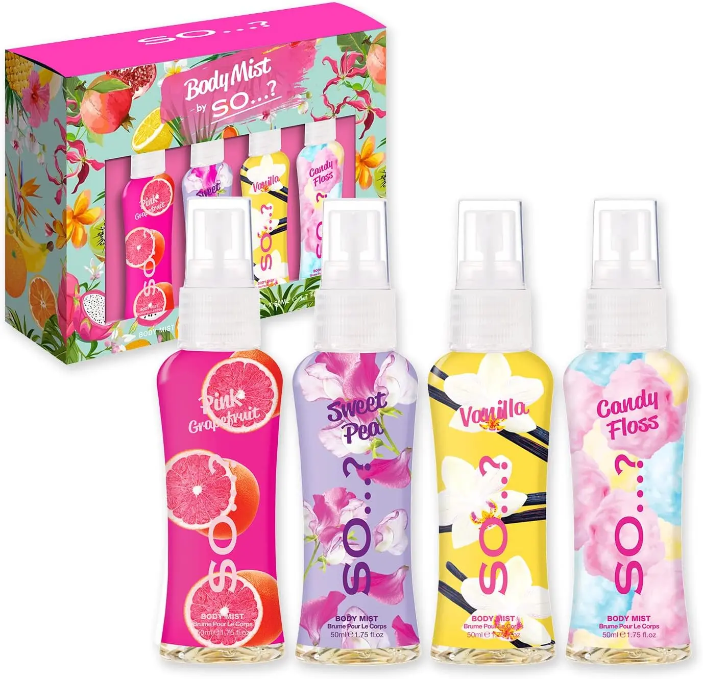 Body Mist By Womens Mini Mist Body Mist Gift Set, with Pink Grapefruit, Vanilla, Candy Floss & Sweet Pea, Fragrance Spray Set (4x50ml)