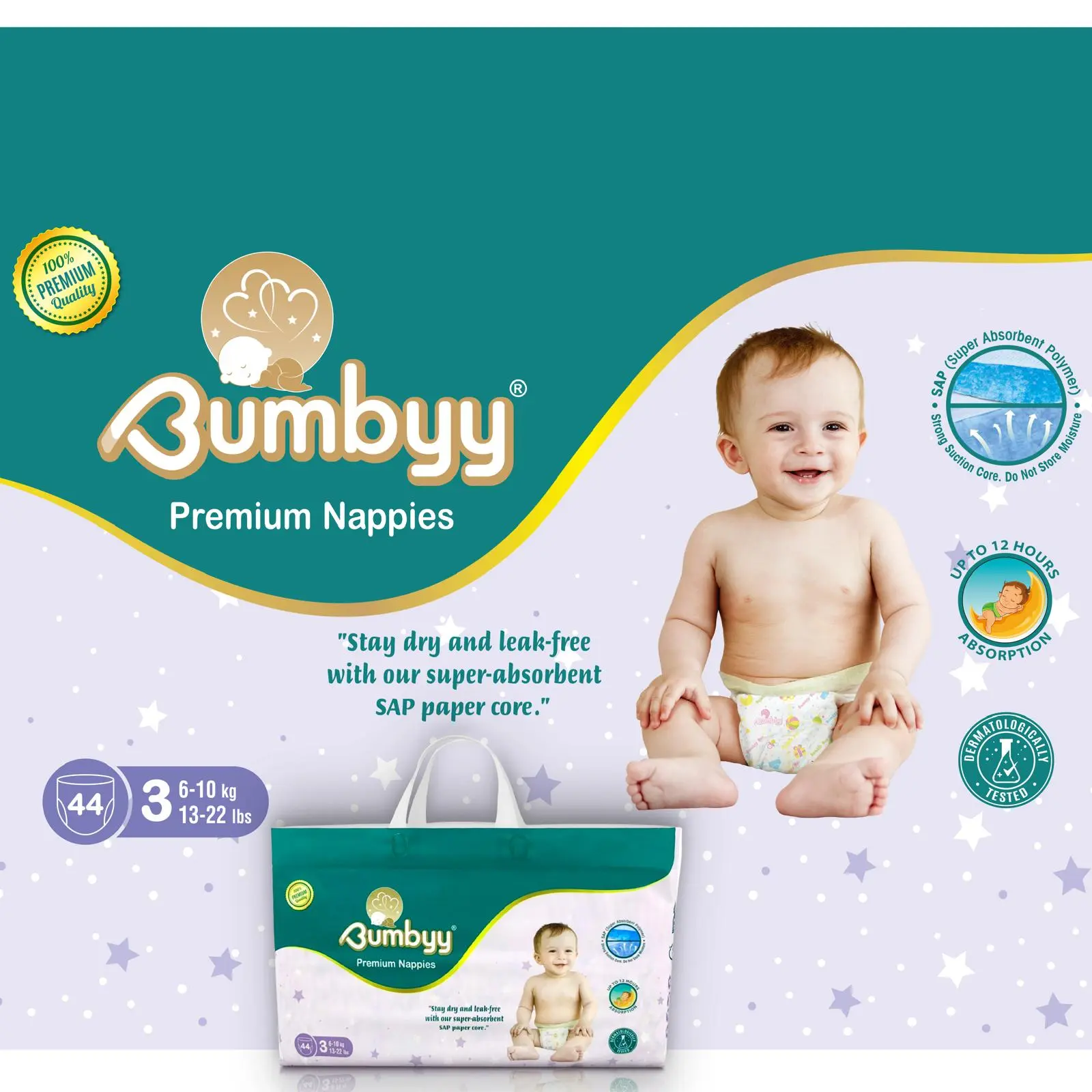 Bumbyy Premium Nappies: Eco-Friendly, Hypoallergenic, Ultra-Absorbent SAP Core, 12Hr Leak-Free, Soft & Thin for Sensitive Skin (Size 3 (44 Count))
