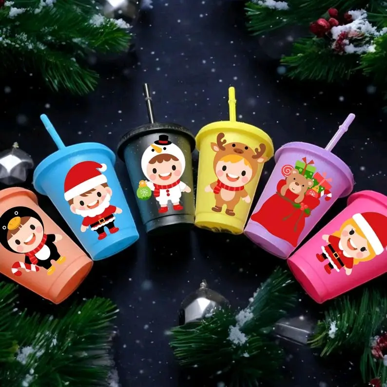 Childrens personalised Christmas cold Cups stocking filler christmas eve cute elves santa and raindeer christmas presents for kids 16oz Drinkware