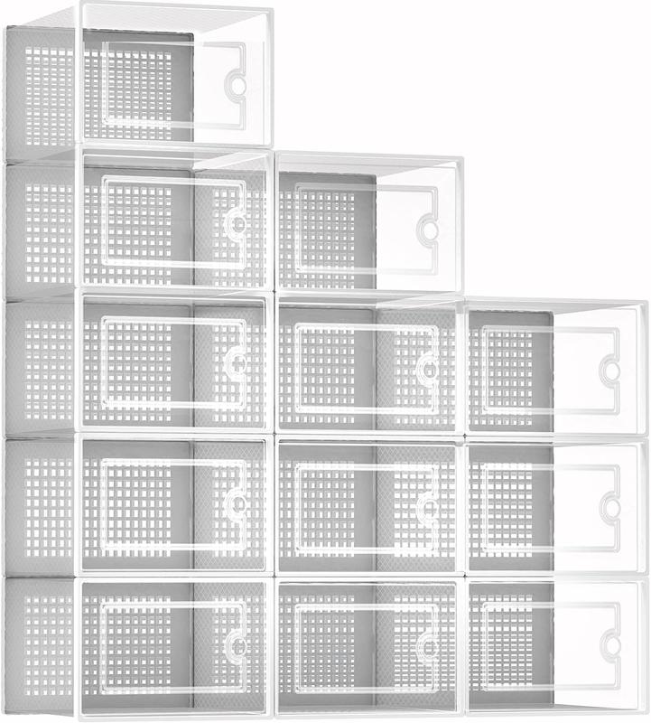 Shoe Storage Box, 12 Pack Clear Transparent Shoe Storage Boxes Hard Plastic Stackable Organiser Containers Bins, DIY Easy Assembly, Sturdy & Durable, Space Saving, Grey Door Frame 2