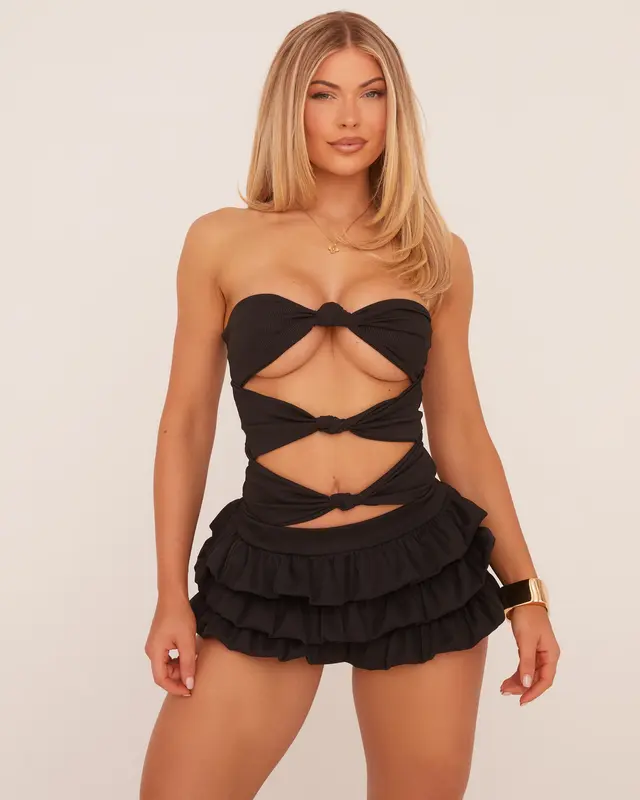 Bandeau Cut Out Knot Detail Bodysuit And Low Rise Tiered Micro Mini Skirt Co-Ord Set In Black Rib 1
