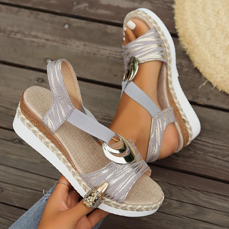 Product Introduction of Women's Solid Color Elegant Sandals, Metallic Buckle Design Platform Slingback Shoes, Casual Wedge Peep Toe Shoes Girl Footwear 4