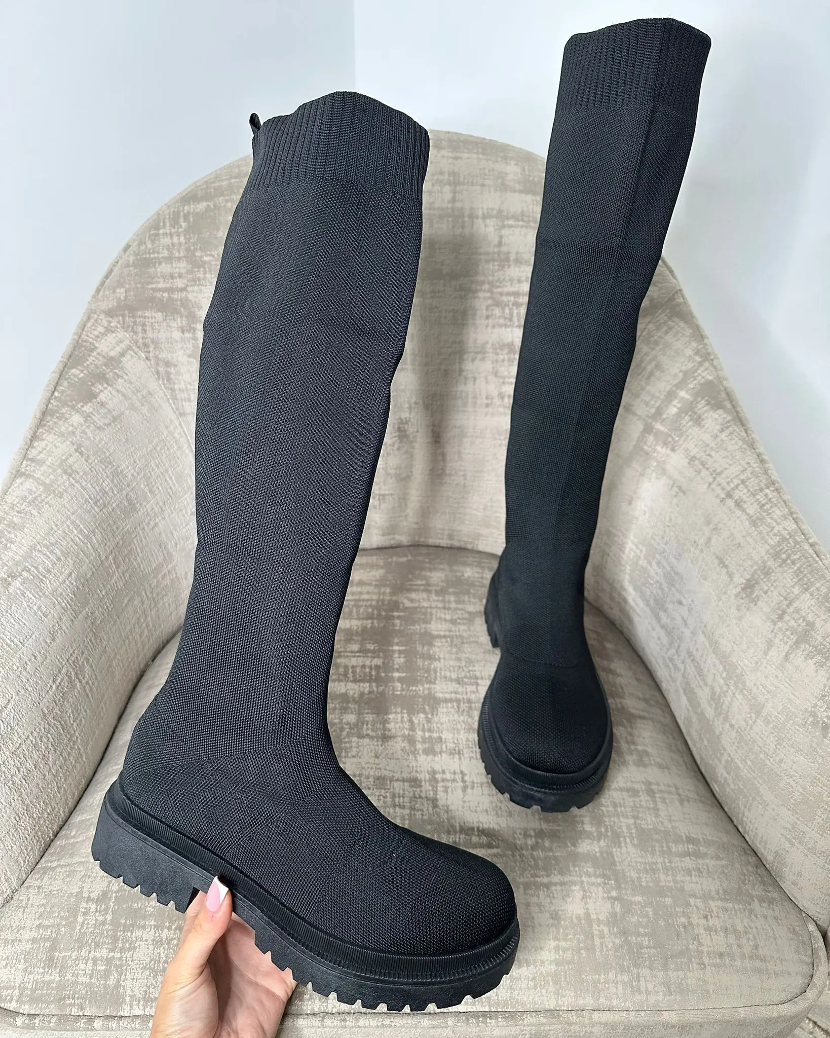 Kim Womens Fabric Knee High Sock Boots
