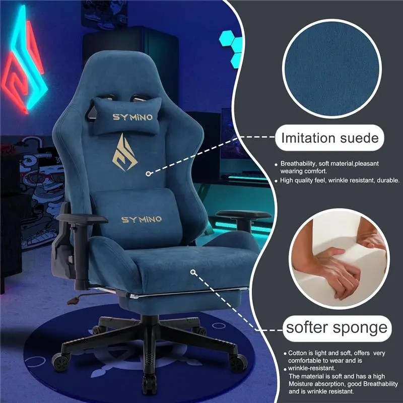 Gaming Chair, Computer Chair with Footrest, Headrest and Lumbar Support, Ergonomic PC Chair, Height Adjustable Rotating Task Chairs, Blue 7