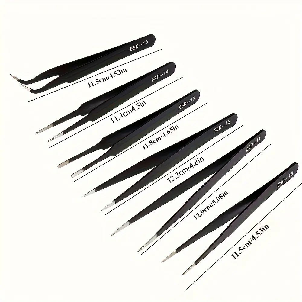 6-Piece Anti-Static Precision Tweezers Set – Professional Grade, Stainless Steel, Non-Magnetic, Metal Tweezers for Electronics Repair, Model Crafting, No Power Supply Needed