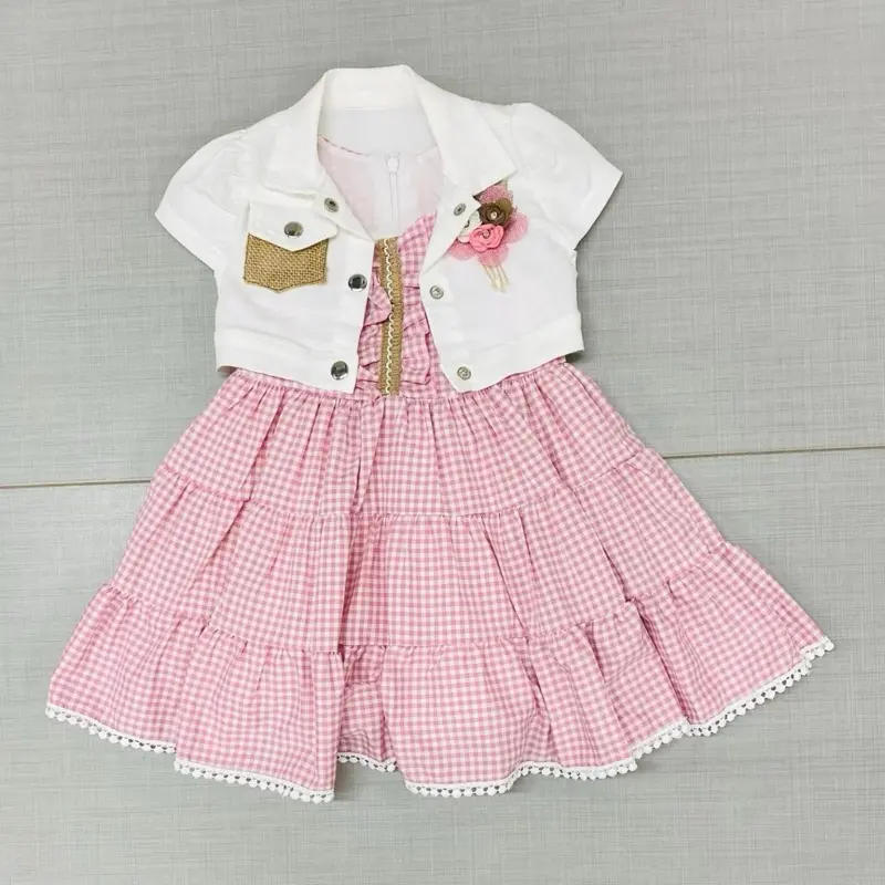 Kids 2 piece gingham layered dress & jacket/shrug set