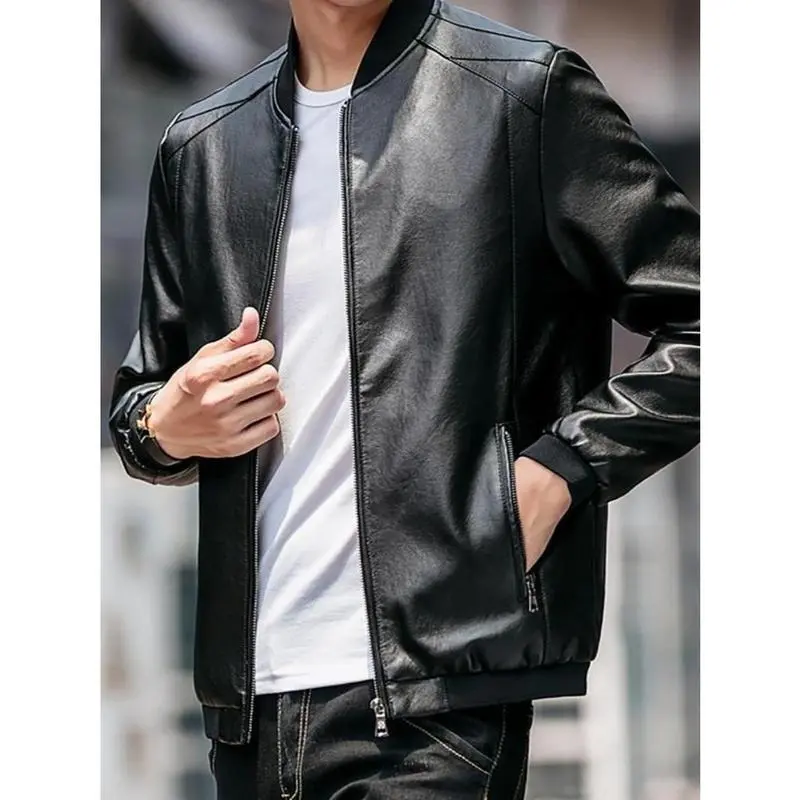 【2025】Men's Regular Fit Solid Zip Up PU Leather Jacket, Casual Long Sleeve Pocket Zipper Outerwear For Daily Wear, Fashion Men's Clothing For All Seasons