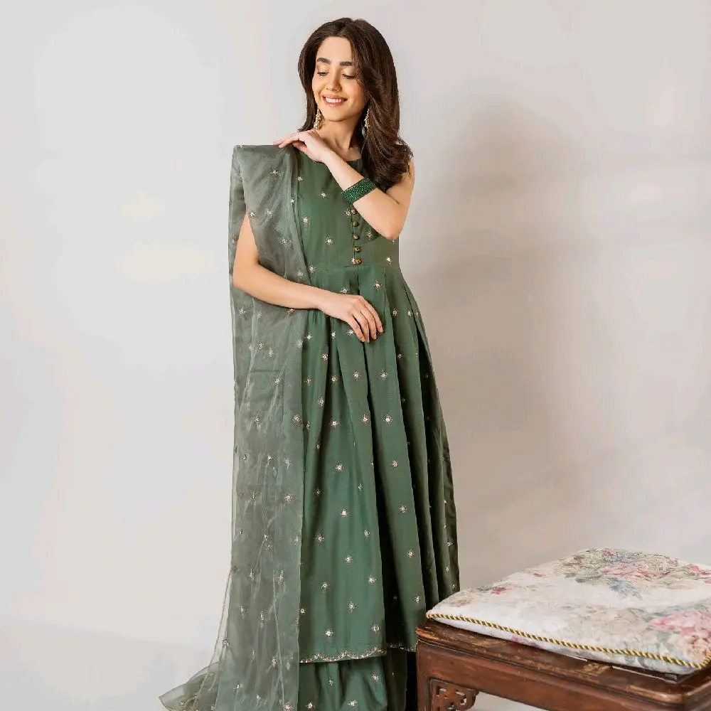KT- LADIES KHAKI GREEN EMBROIDERY SUIT