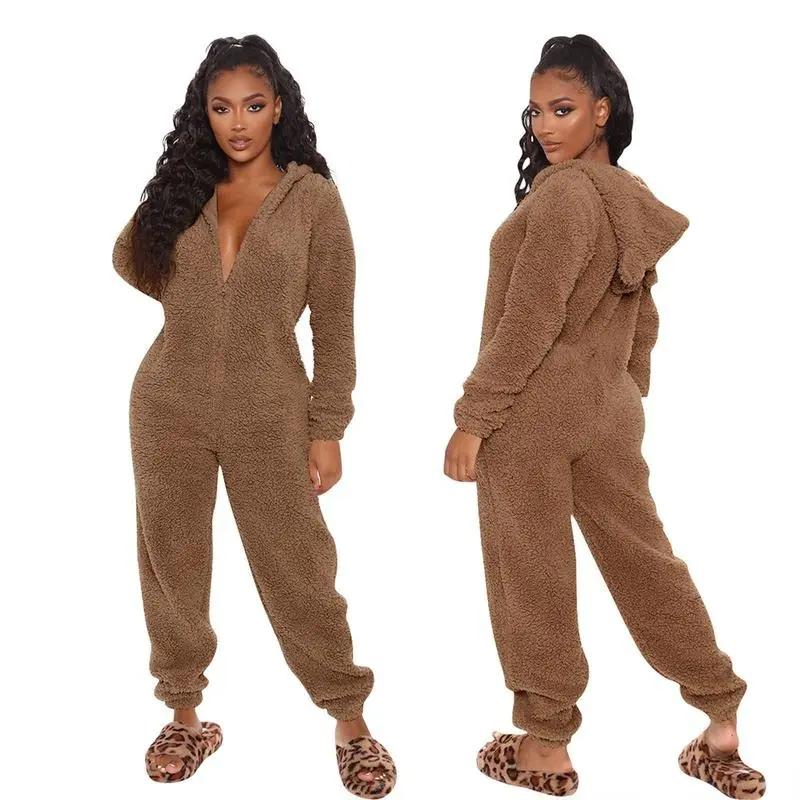 Women's Plush Fleece Pajama Jumpsuit Hooded, Zip-Up, Easy Care, Solid Color, Casual Lounge Onesie for Fall/Winter. Pajama Set Comfort Loungewear Nightwear Womenswear Homewear Pjs Long Sleeve Basic Minimalist Pyjamas 2