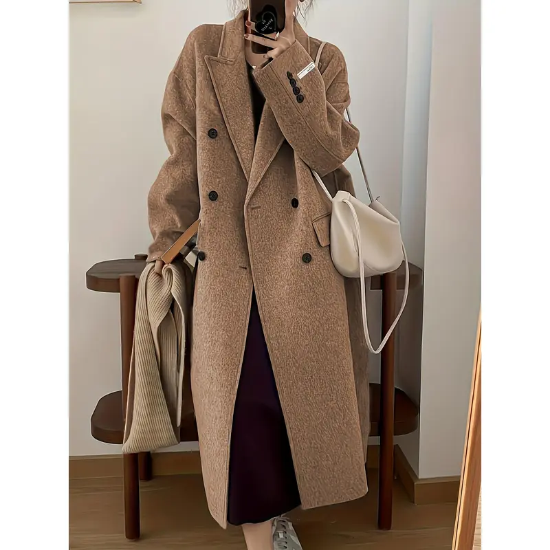 Elegant Double-Breasted Long Sleeve Mid-Length Overcoat - Wool & Blends Outerwear for Fall & Winter - Women's Stylish Lapel Collar Coat for Cold Weather 3