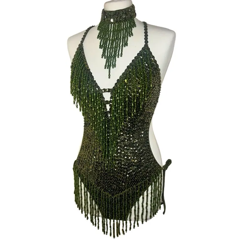 Sage Green Sequin Tassel Leotard for Women - Festival Fashion & Dance Costume - Comfortable, Statement, Stitch, Fits, Medium, Piece