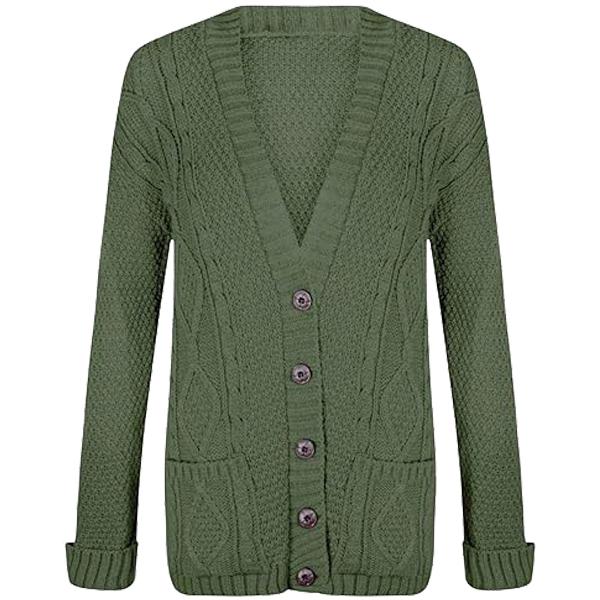 Womens Long Sleeve Chunky Cable Knitted Grandad Cardigan Girls Button Up Pocket Cardigan 4
