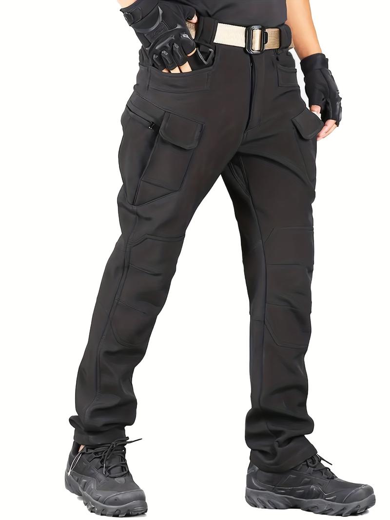 Product Introduction of Men's Solid Color Thermal Cargo Pants, Slightly Stretch Multiple Pockets Design Pants For Winter Outdoor Activities Menswear Trouser Plain Beige 18