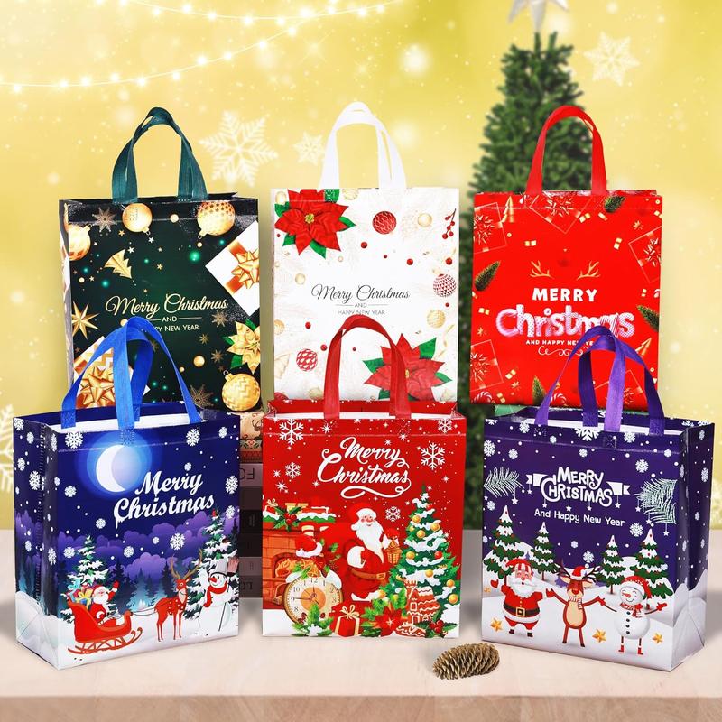 Large Christmas Tote Bags with Handle, 6 Pack Reusable Xmas Grocery Carrier Gift Bags,Waterproof Shopping Bags for Christmas Presents Party Holiday Decoration Lovely Design 4