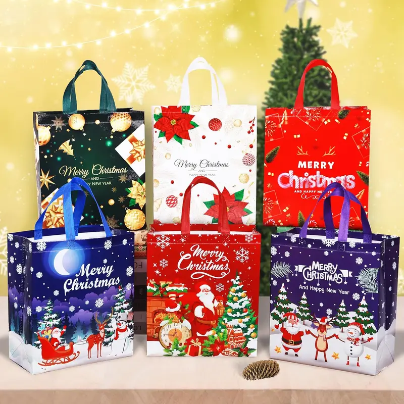 Large Christmas Tote Bags with Handle, 6 Pack Reusable Xmas Grocery Carrier Gift Bags,Waterproof Shopping Bags for Christmas Presents Party Holiday Decoration Lovely Design 4