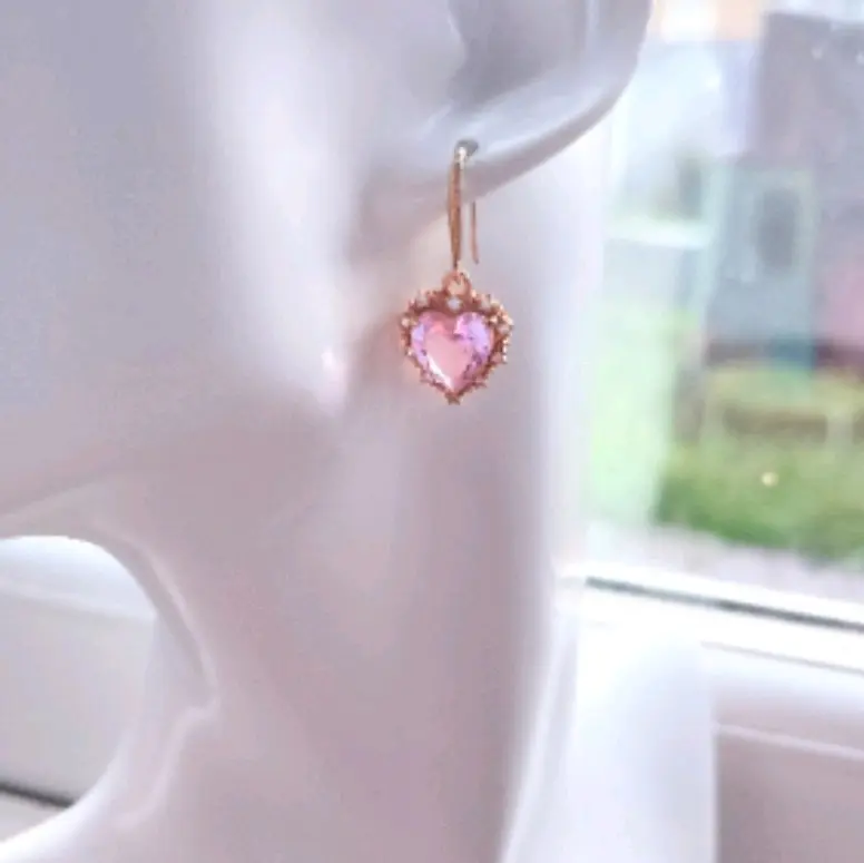 gold colour filled pink heart earrings,viral golden pink earrings,rose pink golden earrings,crystal earrings,gift for her, graduation gift, wedding gift, birthday gift, antique golden heart earrings. 3