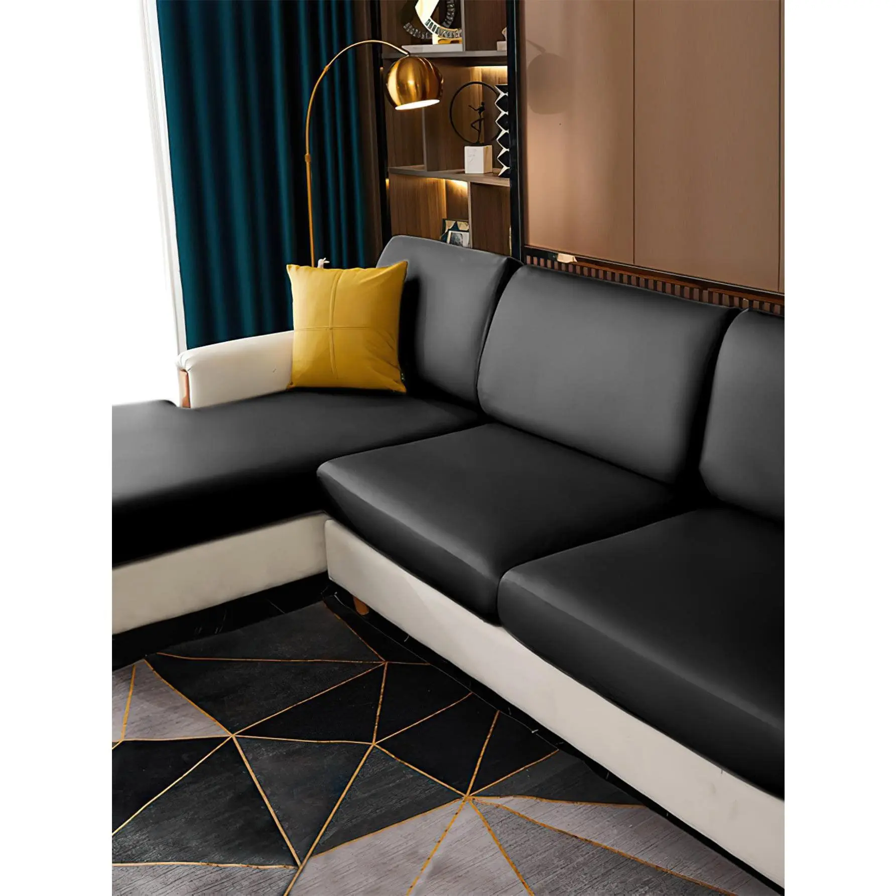 1pc Solid Color Stretchy Sofa Seat Cushion Cover, Black Polyester Sofa Seat Dust Slipcover, For Living Room