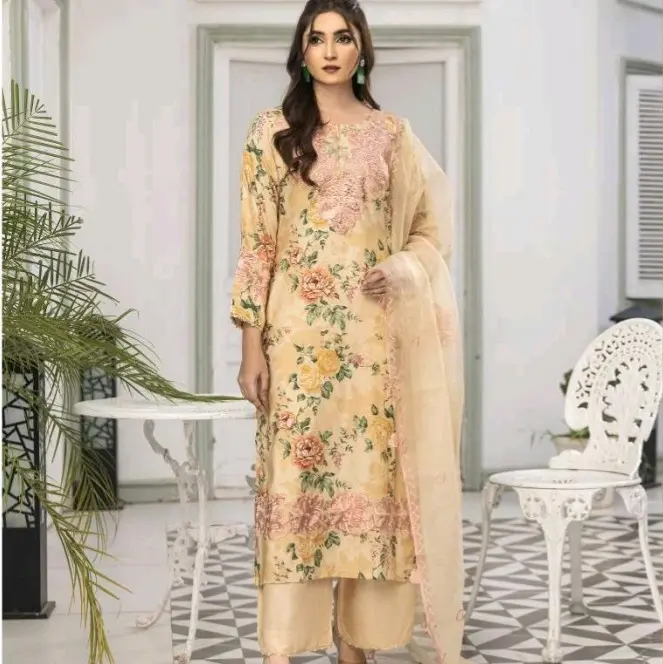Bahar by Simrans in Beige. Stunning 3 Piece Digital Linen Suit with Embroidered Patches and Embroidered Organza Dupatta. Pakistani Dress Asian Indian Fashion Ladies Dresses Elegant Lightweight Traditional Outfit Womenswear Clothing Accessory Comfortable