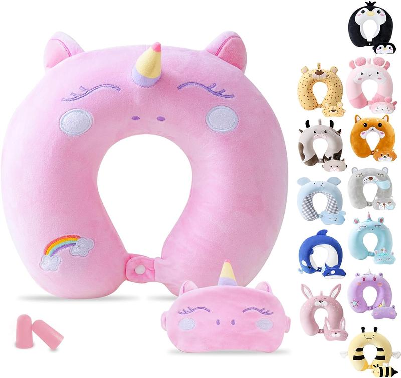 Cute Memory Foam Kids Travel Pillow with Sleep Mask - Animal Flight Pillow Head Rest Neck Support for Boys and Girls on Long Flights and Car Journeys 0