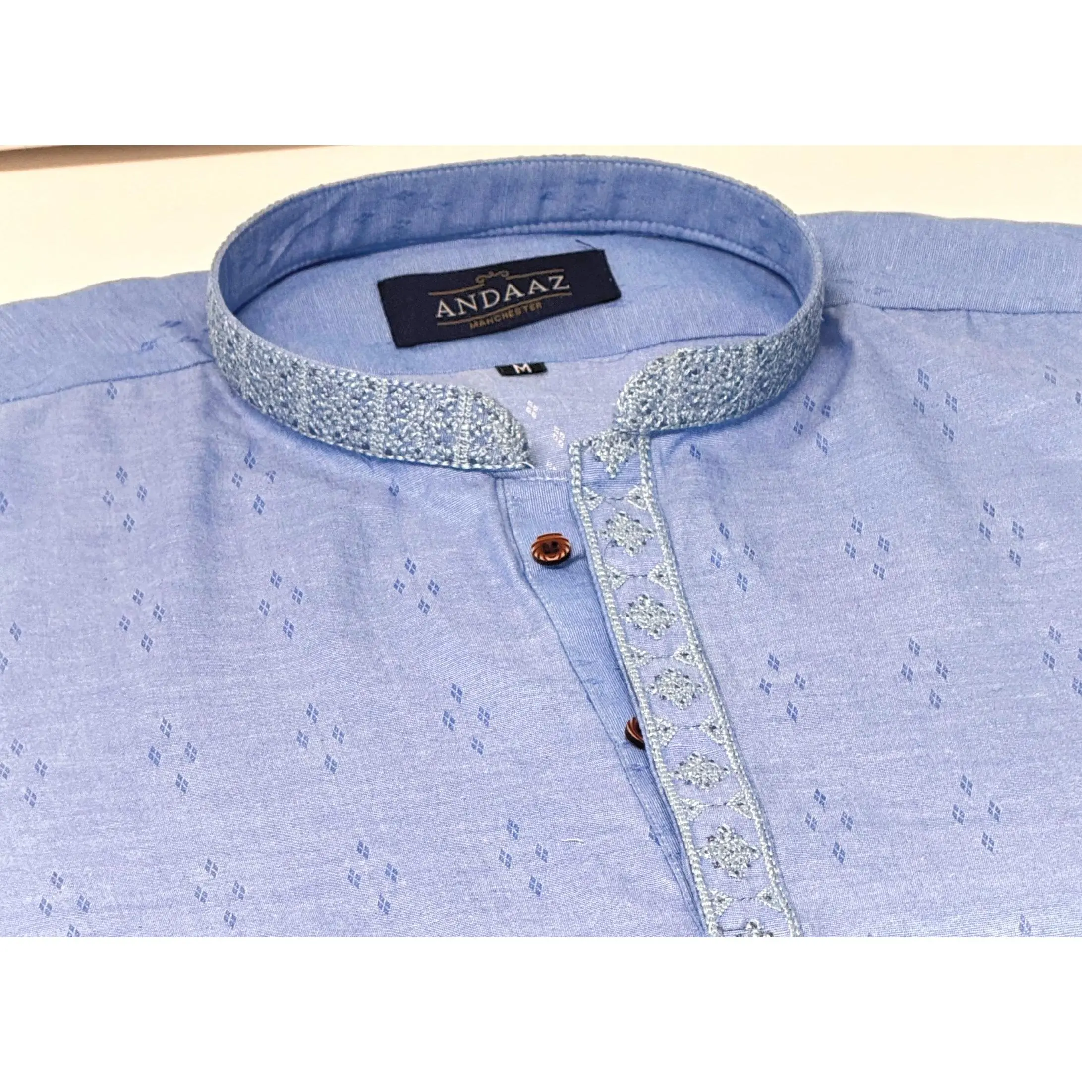 Boys Sky Blue Kurta with Placket Embroidery