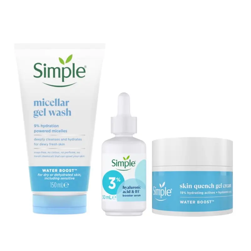 Simple Water Boost Skin Quench Gel Face Cream for Dry Skin 50 ml + Simple 3% Hyaluronic Acid + B5* Booster Serum Serum 30 ml & Simple Water Boost Micellar 100% Soap-Free Face Cleanser 150 ml