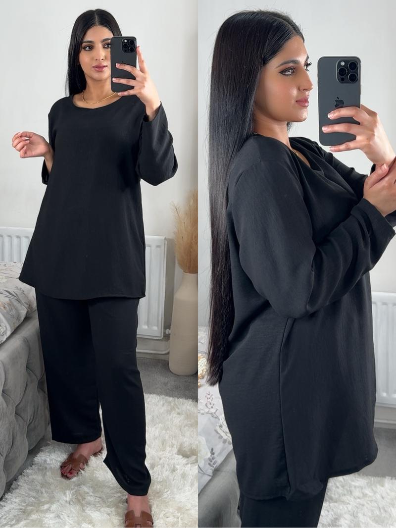 Product Introduction of Ladies Two Piece Set, Long Sleeves, Basic Round Neck top with Wide Leg Trouser, Ideal Summer Coord- Casual Womenswear One Size Fits 10-14 14